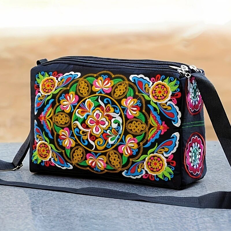 Luxury Bags Big - Women's Embroidered Flowers Nylon Crossbody Bag